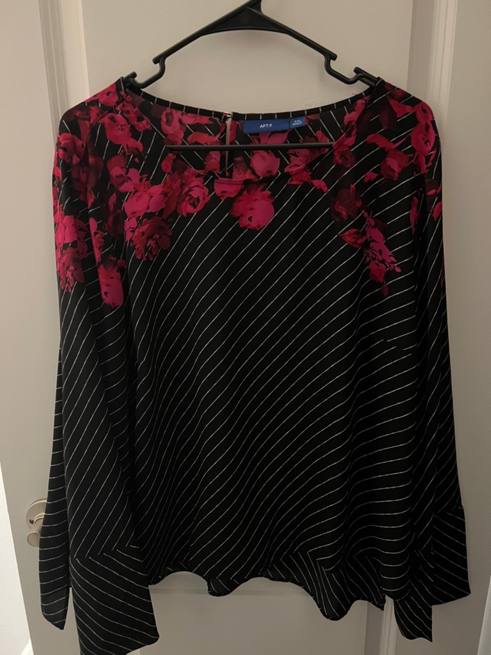 Apt. 9 Black Pinstripe Blouse with Pink Floral Yoke
